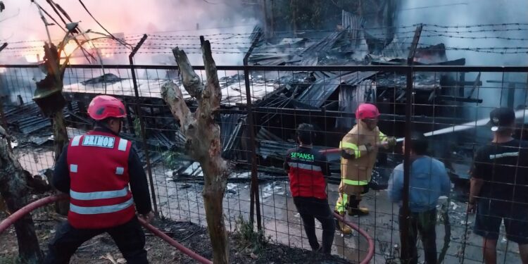 Brimob dan Damkar Bersama Padamkan Kebakaran Hebat di Depan Bandara SAMS Sepinggan